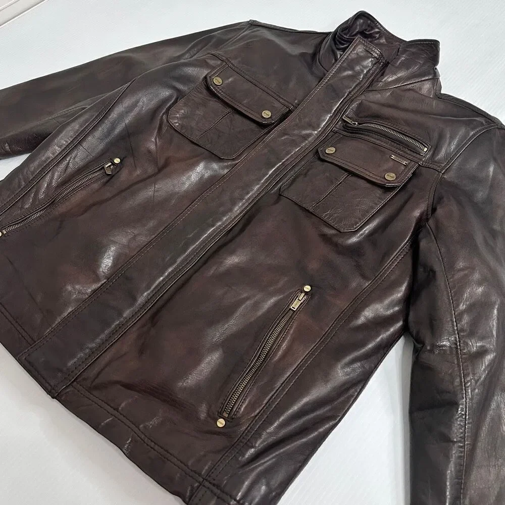 GUESS Brown Leather Moto Field Jacket XL – Genuine Leather – Rare 11PLA1001